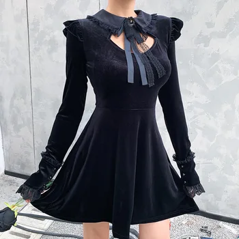Goth Temno Globel Iz Gothic Obleke Ženske, Harajuku Naguban Grunge Punk Pozimi Estetske Longsleeve MIni Obleka Čipke Chic Elegantno