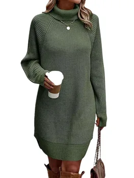 Ženske s Sodijo Mini Obleka z Dolgimi Rokavi Turtleneck Barva Pleteno Obleko Priložnostne Obleko Pulover