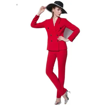 Ženske Obleke, Hlače, vroče prodaje najnovejših modnih poslovne obleke, OL poklicno strast rdeče dvojno zapenjanje dolgimi rokavi ženske obleke