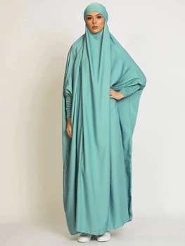 Muslimanske Ženske Jilbab Enega kosa Molitev Obleko Hooded Abaya Smocking Rokav Islamska Oblačila Dubaj Savdska Črno Haljo turški Skromnost