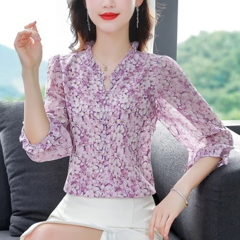 Korejski Moda Svila Šifon Bluzo Pomlad Poletje 3/4 Rokav Cvjetnim Natisne Majica V vratu Priložnostne Svoboden Ženske Vrhovi