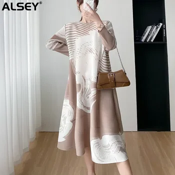 ALSEY Miyake Naguban Elegantno Obleko za Ženske Poletje Nov Modni Tisk Krog Vratu Plus Velikost Priložnostne A - Line, Luxury Večerne Obleke