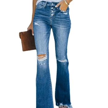 Jeans 2023 Žensk Nov Modni Gumb Žep Slim Fit Pranje Ripped Kavbojke Jeans za Ženske, Visoka Vitka Kavbojke
