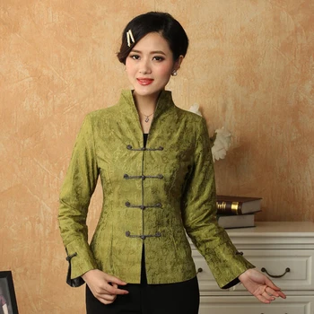 Nov Modni Zeleni Kitajski Tradiciji Slog Lady'Stang Plašč Žensk Dolgimi Rokavi Jakno Plašč Vrhnja oblačila Kitajski Nacionalni Kostum